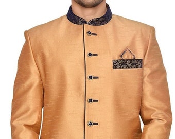 May include: A gold long-sleeved jacket with a mandarin collar and a black trim. The jacket has a pocket on the right side with a patterned fabric insert. The jacket has a row of buttons down the front.