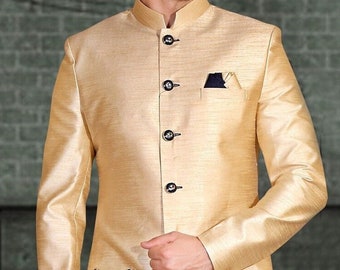 May include: A gold long-sleeved jacket with a mandarin collar and a row of buttons down the front. The jacket has a side slit and a black pocket square.