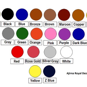 May include: A colour chart with 18 different colours, including beige, black, blue, bronze, brown, maroon, copper, gold, grey, green, orange, pink, purple, dark blue, red, rose gold, silver grey, white, yellow, and z blue.