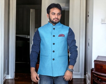 Men Sky Blue Stylish Jute Nehru Jacket Vest - Traditional Indian Men's Ethnic Sleeveless Coat Jacket"