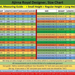 May include: A size chart for coats, with measurements in inches, for different heights, lengths, chest sizes, shoulder widths, and sleeve lengths. The chart is colour-coded for small, regular, and long heights.