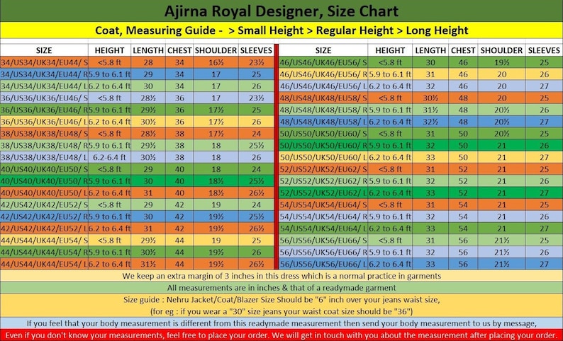 May include: A size chart for coats, with measurements in inches, for different heights, lengths, chest sizes, shoulder widths, and sleeve lengths. The chart is colour-coded for small, regular, and long heights.
