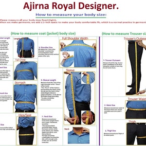 May include: A diagram showing how to measure your body for a jacket and trousers. The diagram shows a man in a white shirt and black trousers with a measuring tape around his body. The diagram includes instructions and labels for each measurement, including jacket length, chest, shoulder, sleeve length, stomach, hips, neck, trouser outseam, waist, thigh, and inseam.
