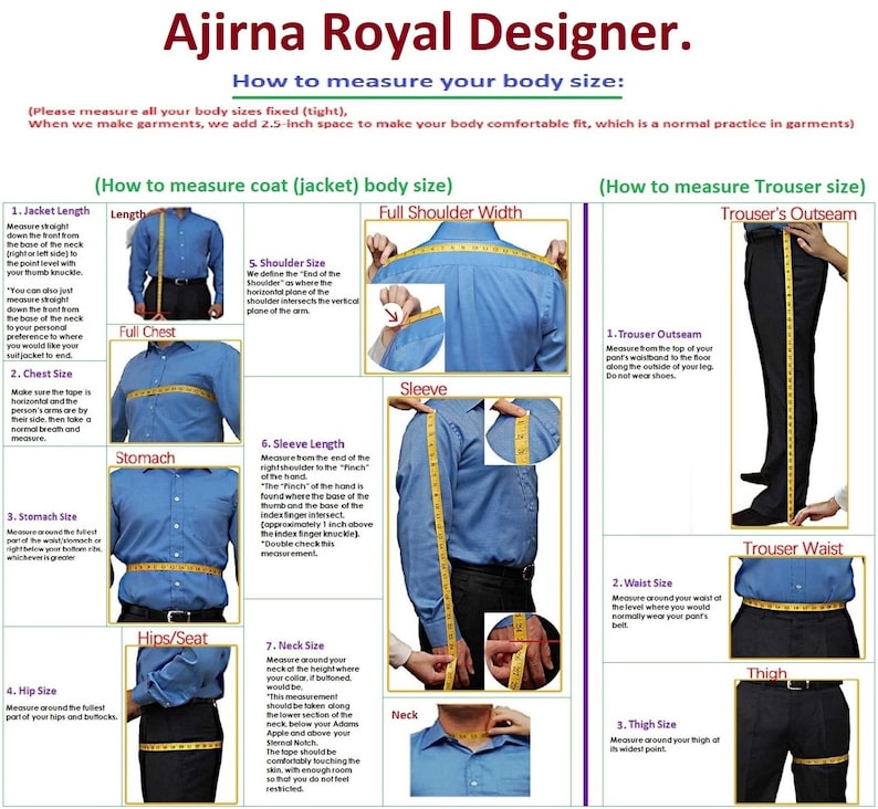 May include: A diagram showing how to measure your body for a jacket and trousers. The diagram shows a man in a white shirt and black trousers with a measuring tape around his body. The diagram includes instructions and labels for each measurement, including jacket length, chest, shoulder, sleeve length, stomach, hips, neck, trouser outseam, waist, thigh, and inseam.