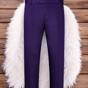 May include: A pair of purple dress trousers with a button fastening.