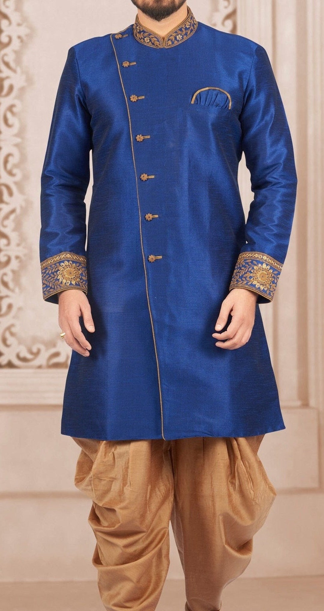 Blue nawabi suit features intricate jacquard design full-sleeve kurta &  contrast patiala-style pants