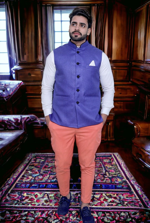 Men Traditional Blue Jute Nehru Jacket Vest Classic Indian Ethnic Style Etsy Australia