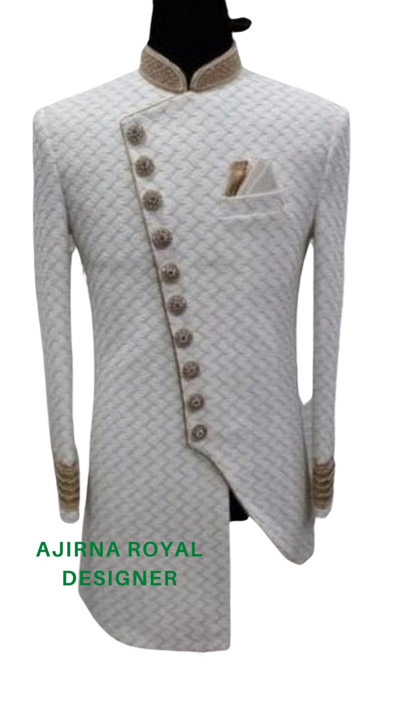Angrakha Sherwani: White Velvet Indo Western Wedding Outfit image 1