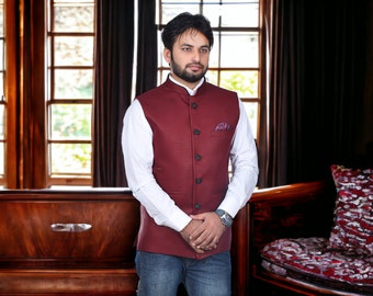 Men Maroon Traditional Handwoven Jute Nehru Jacket - Exquisite Ethnic Attire for Men"