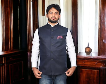 Men Navy Blue Jute Nehru Jacket Traditional Partywear Vest - Elegant Ethnic Men's Sleeveless Jacket "