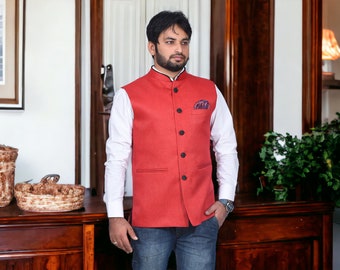 Men Red Traditional Jute Nehru Jacket for Men - Classic Indian Ethnic Style - Handcrafted with Modern Touch"