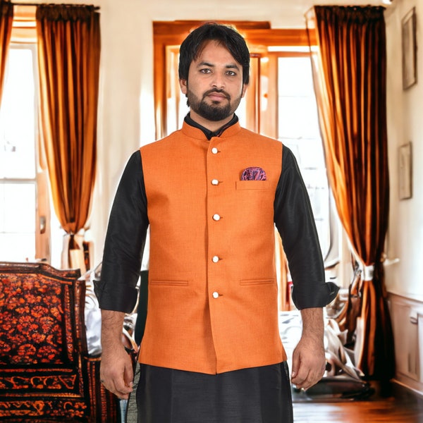 Men Orange Traditional Jute Nehru Jacket - Classic Indian Ethnic Style - Premium Quality "