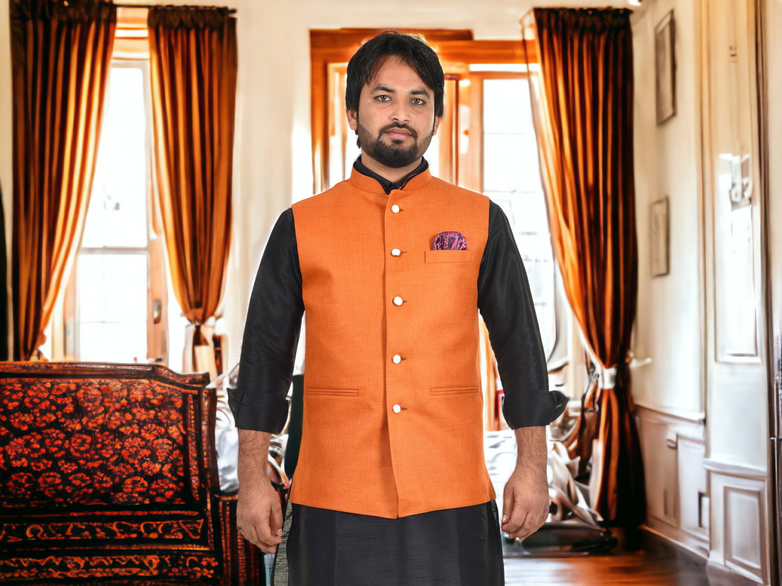 Men Orange Traditional Jute Nehru Jacket Classic Indian Ethnic Style Premium Quality