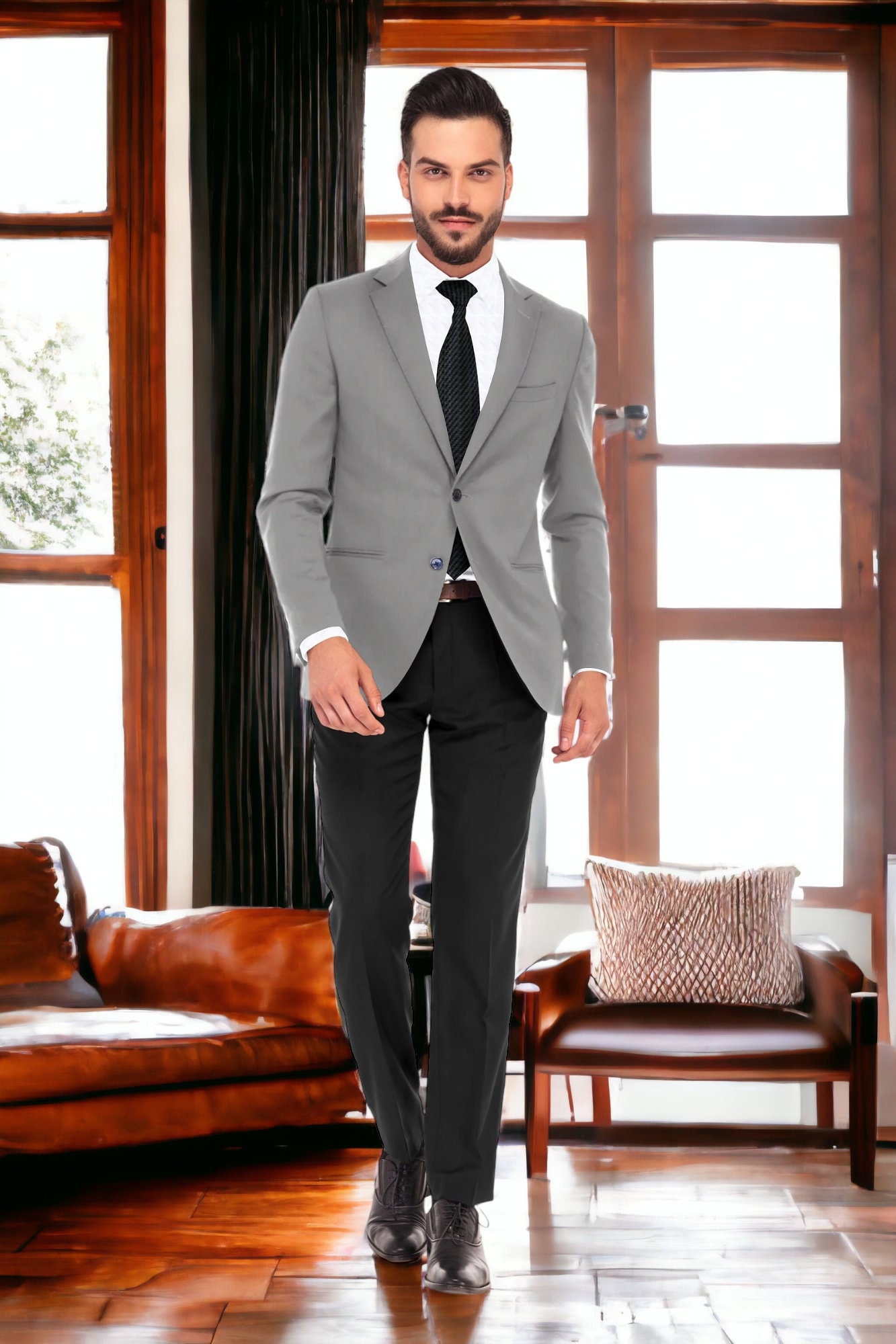 gray dress pants with black jacket 36 Mens Light Grey Slim Fit Blazer Sport Coat with Black Pants