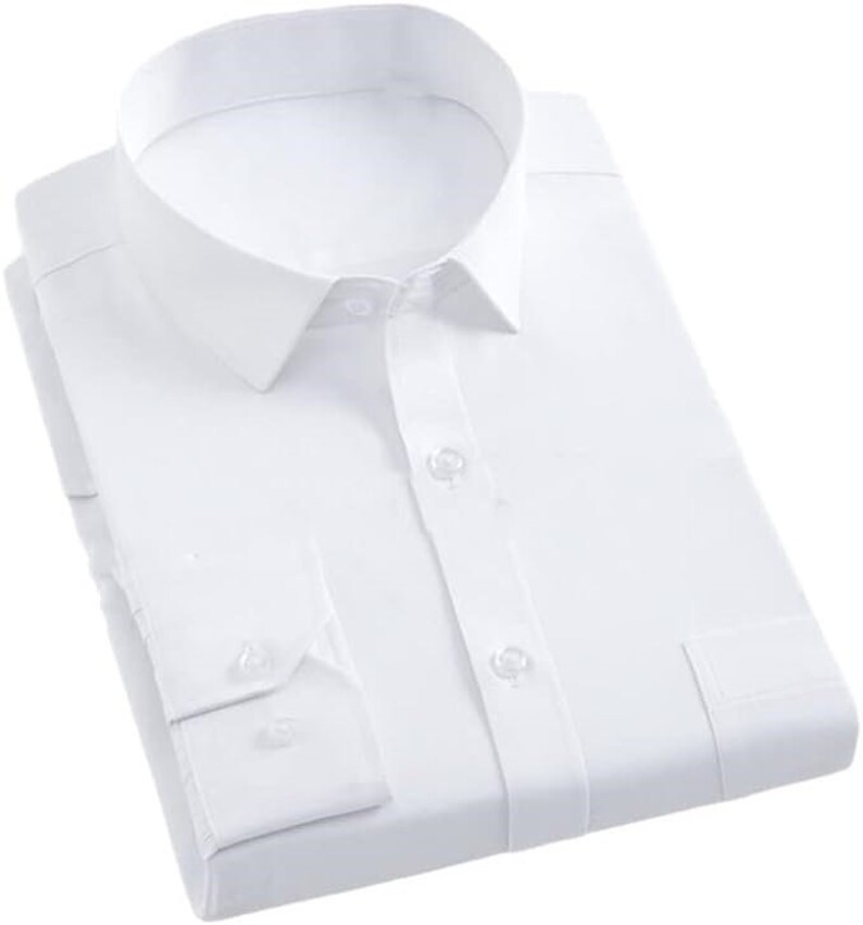 May include: A white long-sleeved dress shirt with a button-down collar and a single pocket on the left chest.