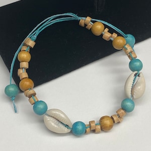 Adjustable Wood and Cowrie Shell Blue Hemp Bracelet or Anklet, Hemp Bracelet, Cowrie Shell Bracelet