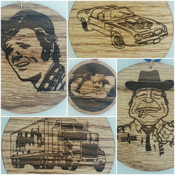 Smokey and the Bandit, Cledus, Burford Justice, Trans Am, bootleg Truck . Laser Burnt. 3" Solid Oak. Choose: Ornament, Magnet, or Coaster