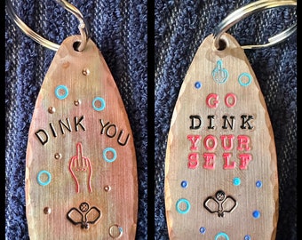 Custom Pickleball Key Chain or Christmas Ornament - Hand Stamped & Painted - ANY message. Thick, Heavy Duty Copper. FREE Shipping