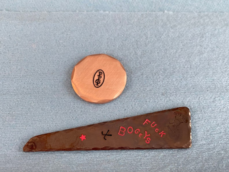 Torched Copper Golf Ball Mark / Divot Tool Hand Stamped & Painted ANY message. Thick, Heavy Duty Copper. FREE Shipping. image 5