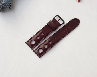 Vegetable Tanned Leather Watch Strap, grain dark red leather watch band. Replacement watch straps 24mm/22mm/20mm/18mm/16mm.Racing watch band