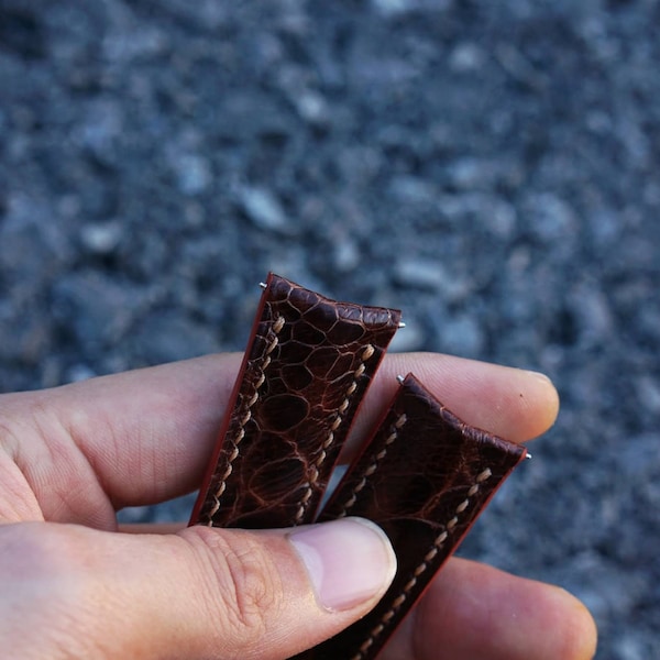 Ostrich Leather Watch Strap with curved end, full grain brown leather watch band. Curved lugs watch band. Watch strap with curved spring bar