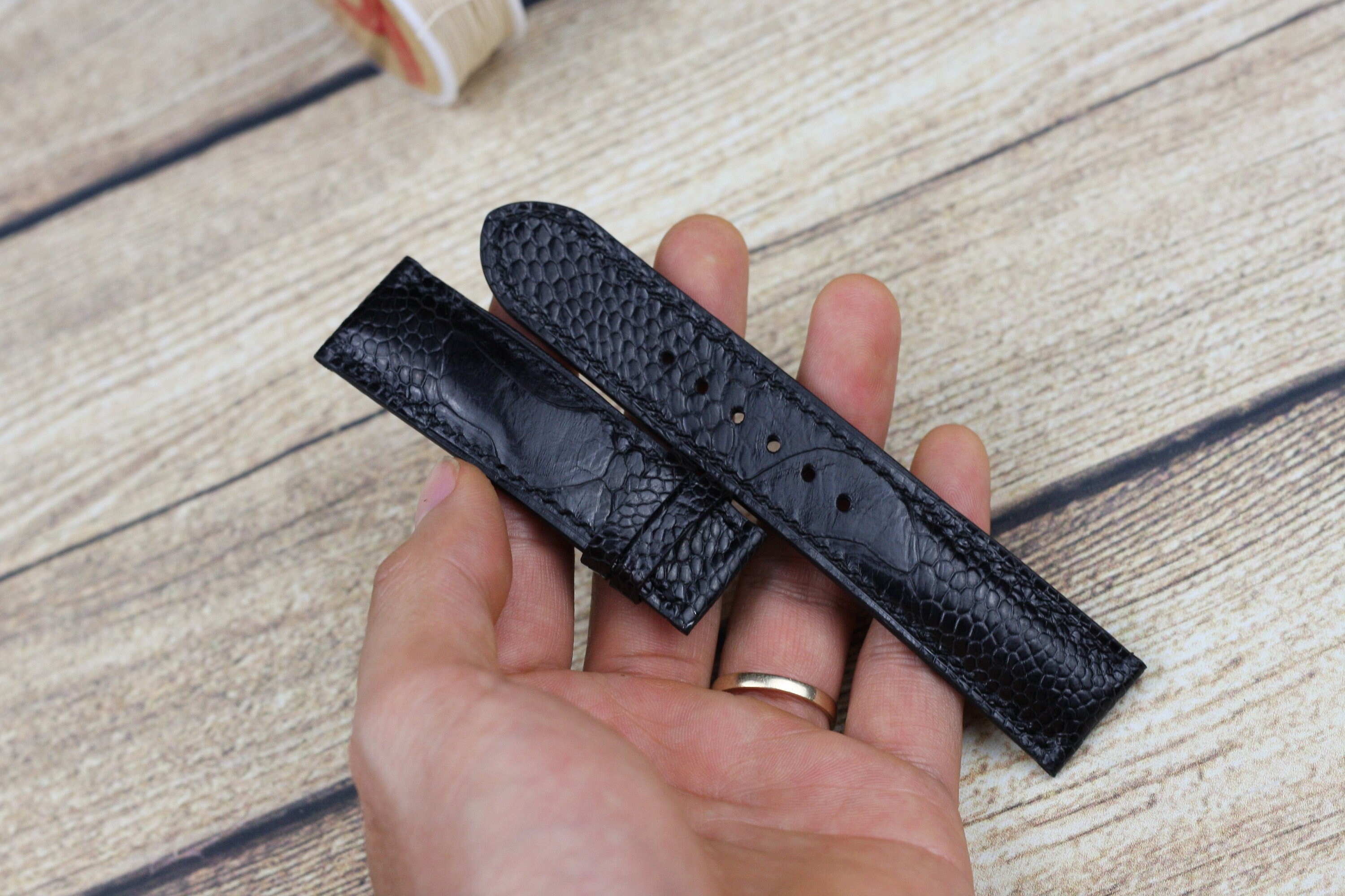 Handmade Ostrich Leather Watch Strap Full Grain Black Leather Etsy