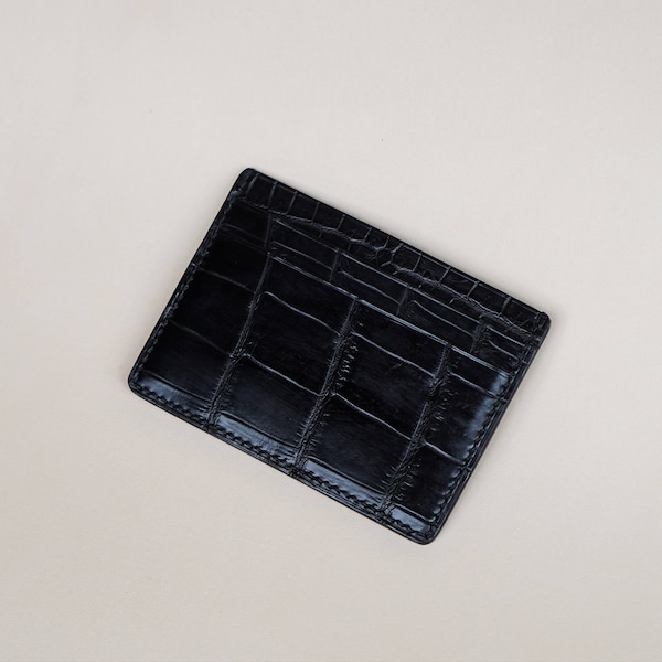 Handmade Alligator credit card wallet. Premium Leather Card Holder. Black Alligator leather wallet. Minimalist leather wallet.