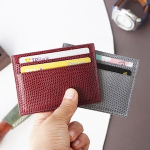 Handgemaakte Lizard leren kaarthouder, Lizard creditcardportemonnee handgemaakt. Smalle portemonnee van echt leer. Minimalistische leren portemonnee.