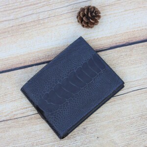 Cartera plegable de avestruz azul profundo. Cartera de piel auténtica para hombre. Cartera de piel de pata de avestruz de primera calidad. Cartera de cuero personalizada, cartera hecha a mano