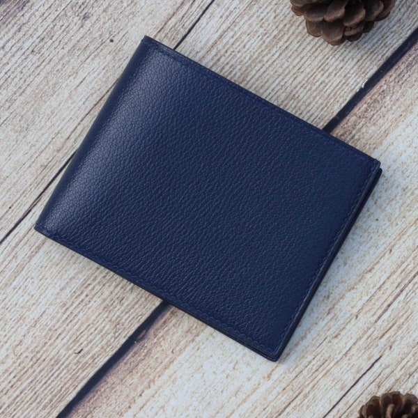 Navy Blue Goat leather wallet, handmade leather bifold wallet. Alran Sully leather wallet. Genuine Goat leather wallet. Front pocket wallet