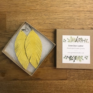 Yellow Leather Boho Feather Earrings