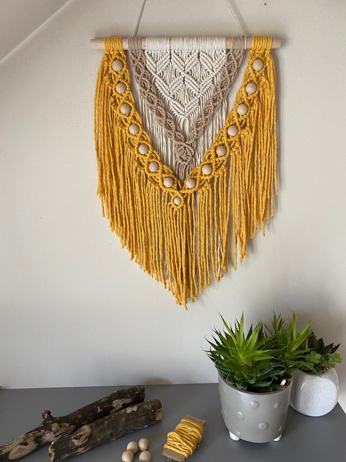 Yellow mustard macrame wall hanging with wooden beads boho Etsy
