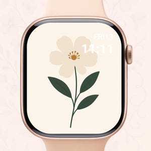 Può includere: Uno smartwatch color oro rosa con un design floreale sullo schermo. Il quadrante mostra un fiore color crema con foglie verdi e l'ora 11:11. Il cinturino dell'orologio è di un colore rosa chiaro abbinato.