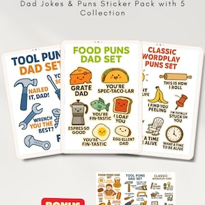 Lustige Dad Witze & Wortspiele Sticker Pack | Süße druckbare Clipart | Essen, Tier, Werkzeug, Klassiker, Alltags Dad Witze