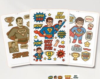 Digitale stickers Super Dad: vaderdagheldenpakket (digitale download, A4, png PNGEgg)