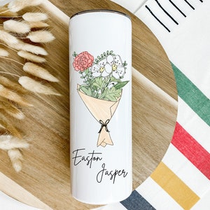 Watercolor Personalized Birth Month Flower Bouquet Tumbler, Mothers Day Gift, Present for Grandma