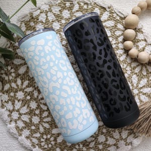 20oz Black Out Leopard Tumbler, Matte Black Skinny Tumbler, Water Bottle With Lid And Straw, Screw On Slide Closure Lid, Personalized Gifts