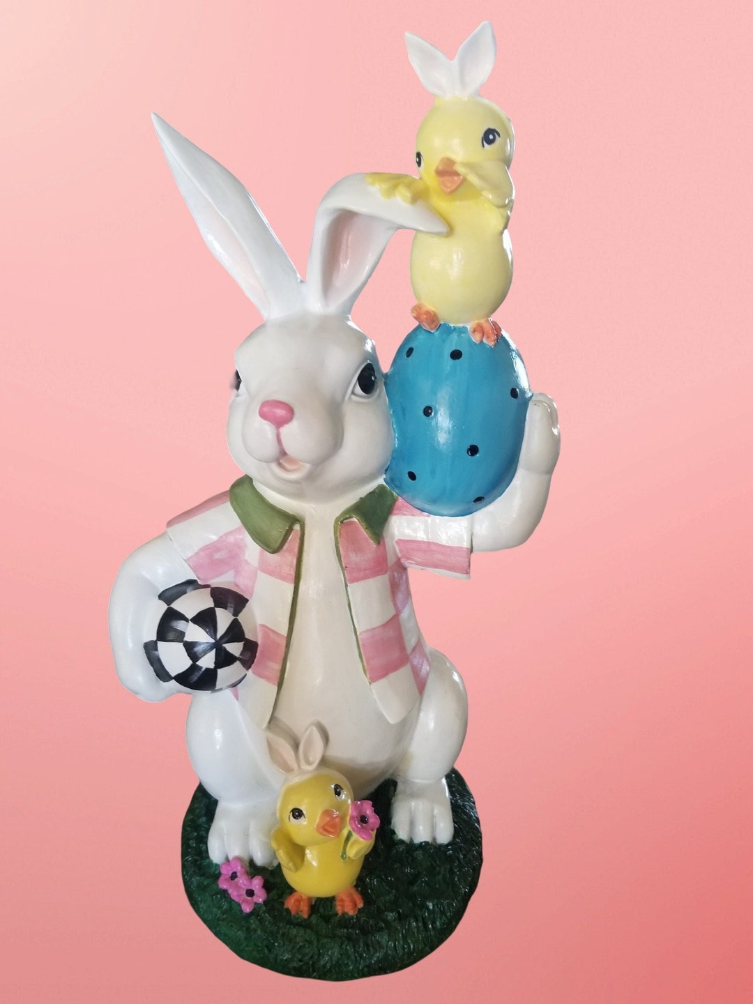 Easter Bunny and Chicks Statue, Whimsical Pink and White Checkerboard ...