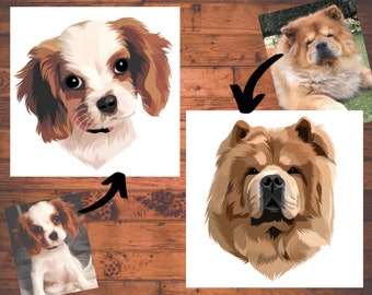 May include: Two digital illustrations of dogs. The first is a white and brown Cavalier King Charles Spaniel with black eyes. The second is a brown Chow Chow with black eyes.
