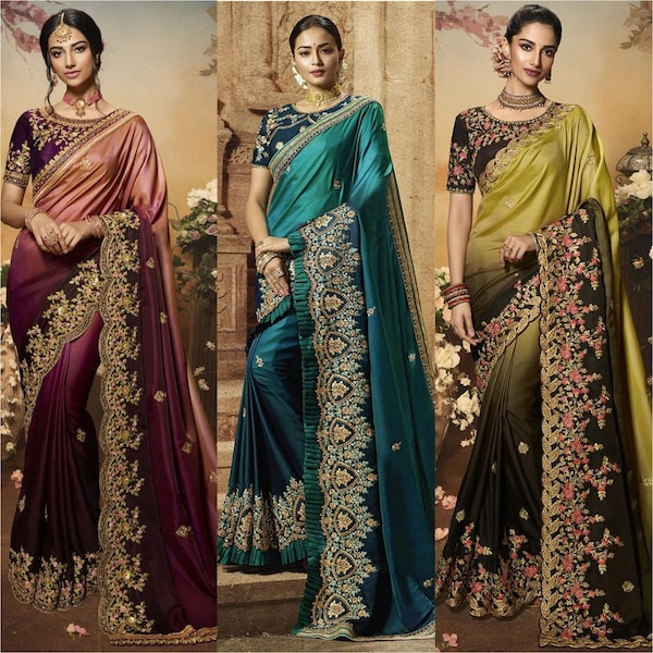 Bollywood Saree Sari Indische Hochzeit Festival Wear Party Bluse Ethnische pakistanische Saris für Frauen mit Unstitch Bluse