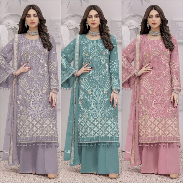 New Designer Beautiful Sky Blue Partywear Straight Kurta Sharara & Dupatta set, Embroidered Pakistani Salwar Kameez Readymade Dresses
