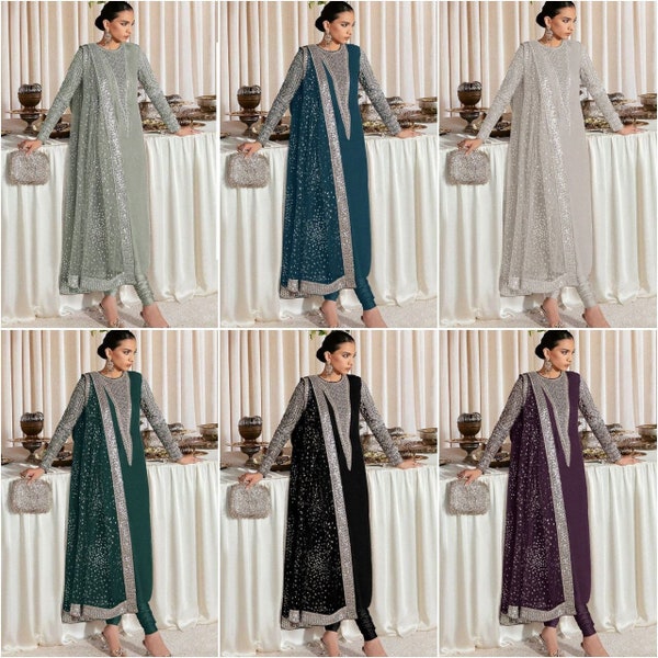 Indian Sequin Embroidered Sharara Gharara Kurti Set, Georgette Fabric Pakistani Designer Ethnic Wear  Pcs Set For Women