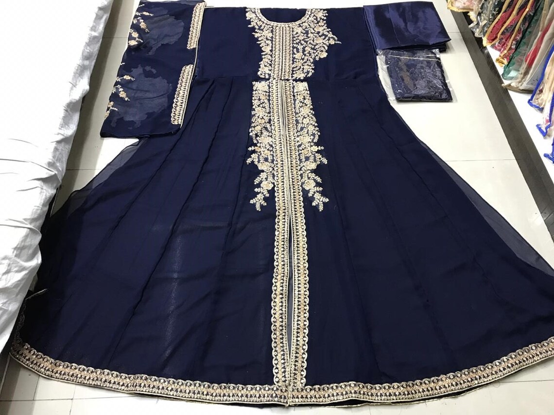 Blue Emroidered Faux Georgette Gown Set