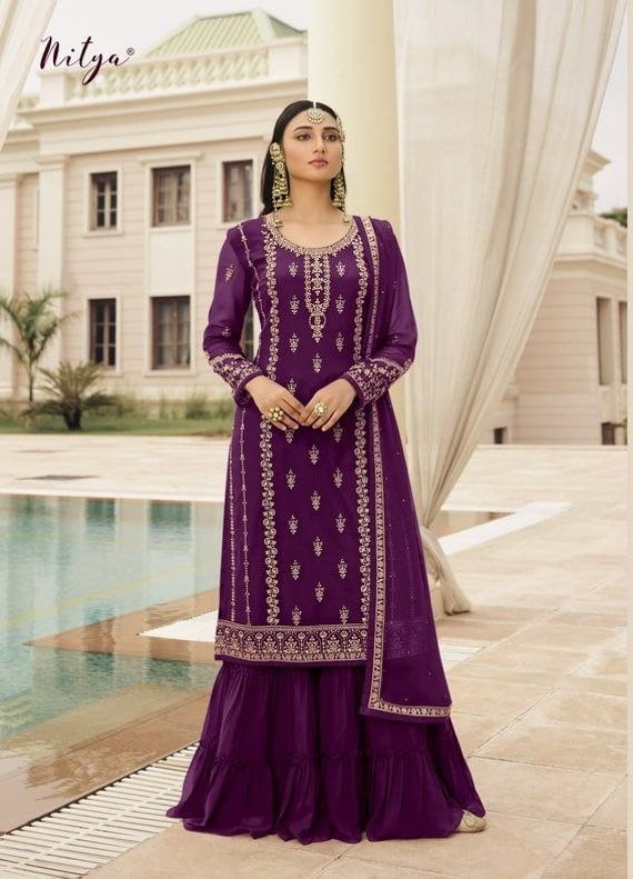 Buy Purple Faux Georgette Embroidered Sharara Suit Party Wear Online at  Best Price | Cbazaar