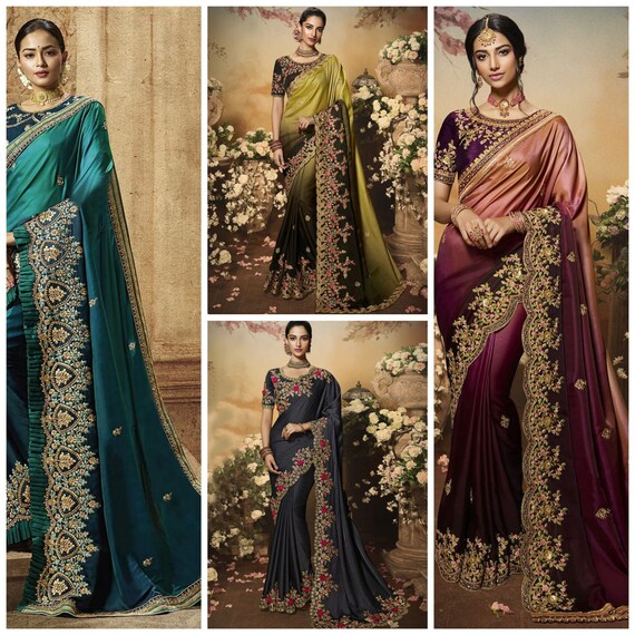 Indian Party Saree Stylish Festival Wear Bollywood Sari Wedding Blouse Ethnic.