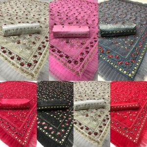 Color Glorious Premium Nylon Mono Net Sequence Work nd Tassels Saree For Women, Saree Blouse, Saree For USA Women, Diwali.