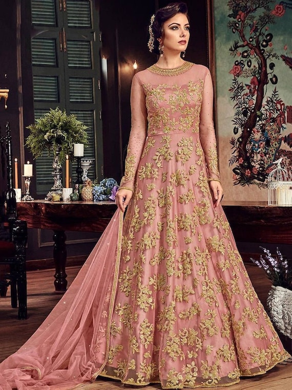 VeroniQ Trends-Bollywood Style Pink Floral Anarkali Gown Dress Indian Party  Wear,Anarkali Suit-VF - VeroniQ Trends