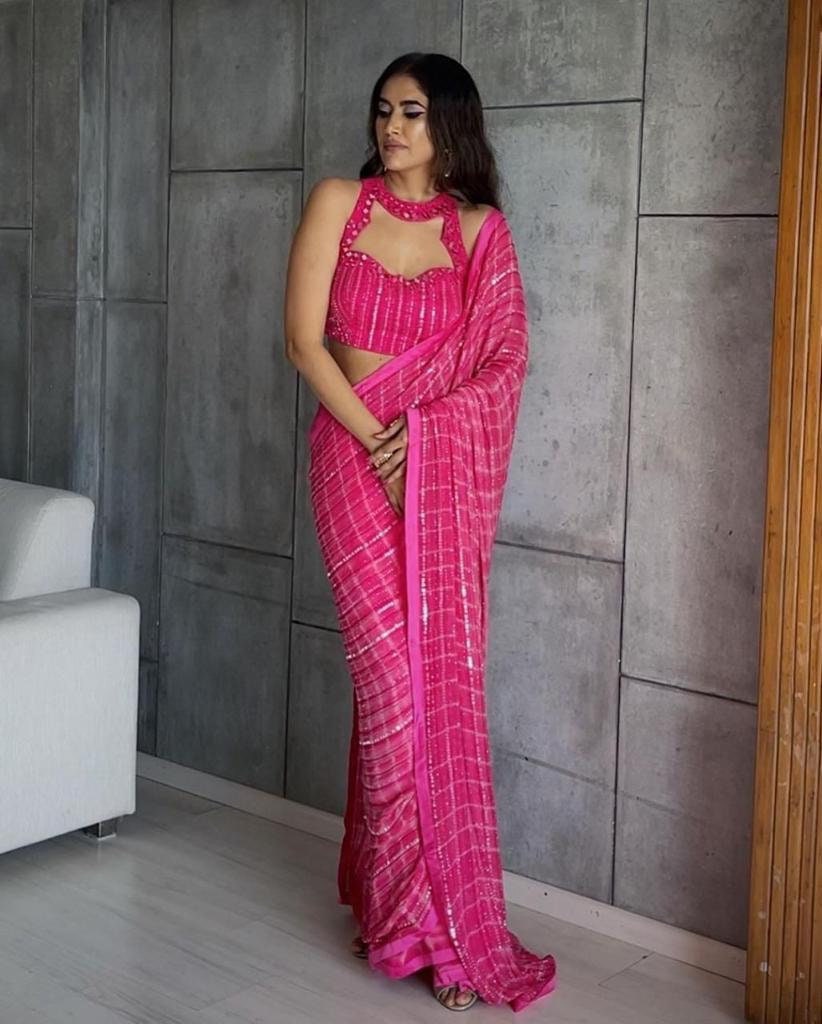 Buy a beautiful Hot Pink Saree With Black Blouse Embroidered At Sleeves