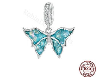 925 Sterling Silver Butterfly Charm with Glass/Zircon, Blue Butterfly Pendant for European Bracelets, Fits Original,DIY Jewelry Gift For Her