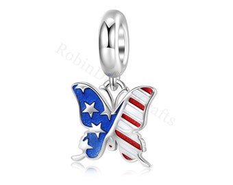 925 Sterling Silver Butterfly Charm, American Flag Charm for European Bracelets, Butterfly Pendants, Fits Original, DIY Jewelry Gift For Her